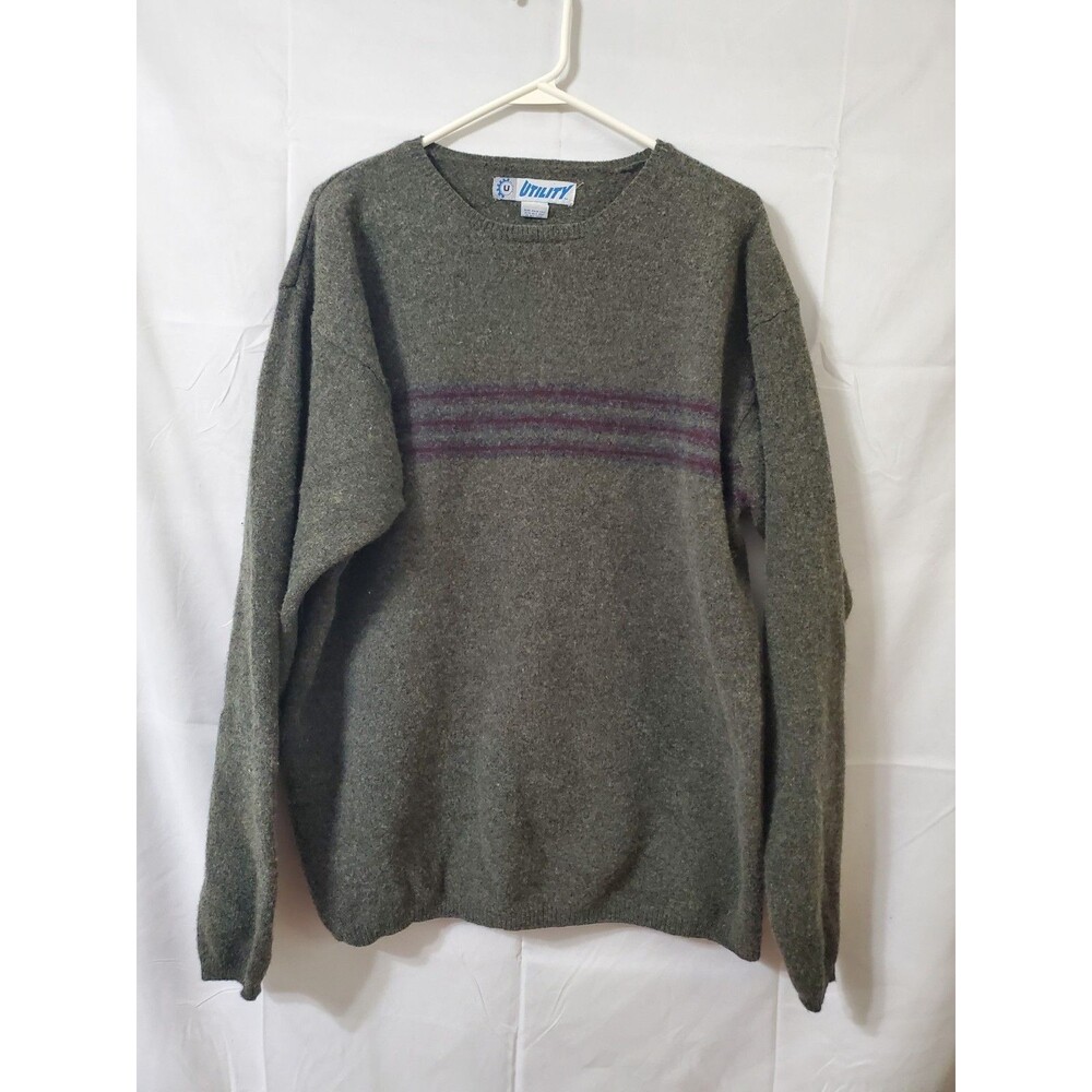 Vintage Y2K Utility Men's Large Lambswool Sweater Striped Crew Neck Pullover